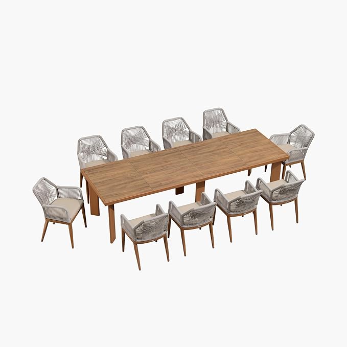 PURPLE LEAF 11 Pieces Patio Dining Set Aluminum Oversize Rectangular Table and Wicker Chairs with Cushions for Kitchen Porch Garden Modern Outdoor Furniture Sets