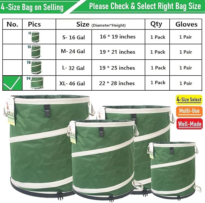 46-Gallon Collapsible Trash Can (22x28 in) Hard-Shell Bottom Yard Garden Bag,Big Leaf Bag,Yard Waste Bag,Debris Container,Pop-Up Recycling Bin,Camping Waste Bin,Laundry Hamper,Lawn Grass,Weeds Barrel