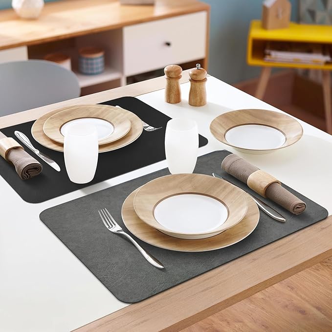 PU Leather Placemats Set of 6 Table Mats Heat Resistant Kitchen Place Mats, Waterproof Wipeable Dining Table Placemats for Home Party Outdoor, 15.8 x 11.8 inches (Grey/Black)