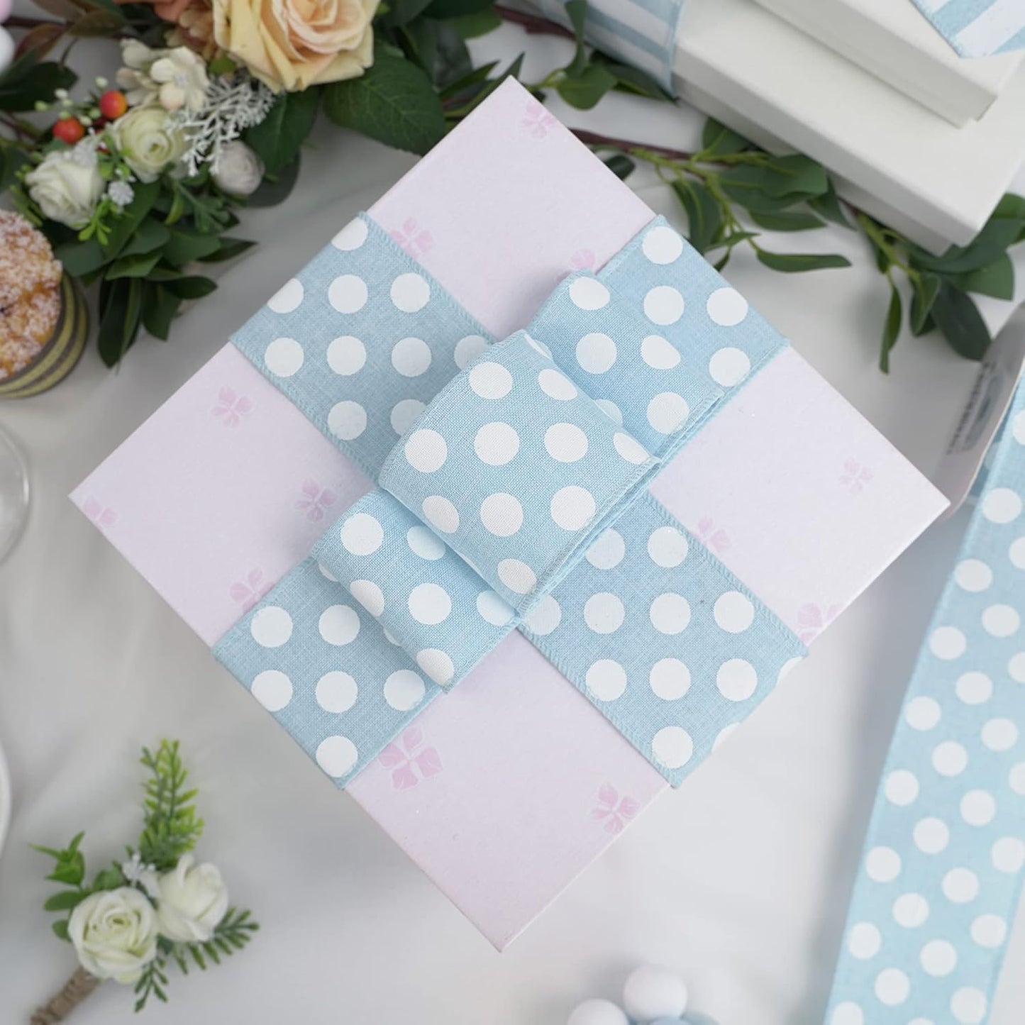 MEEDEE Blue Burlap Ribbon 2.5 Inch with White Polka Dot Blue White Wired Ribbon for Baby Boy Wreaths and Showers, 10 Yards