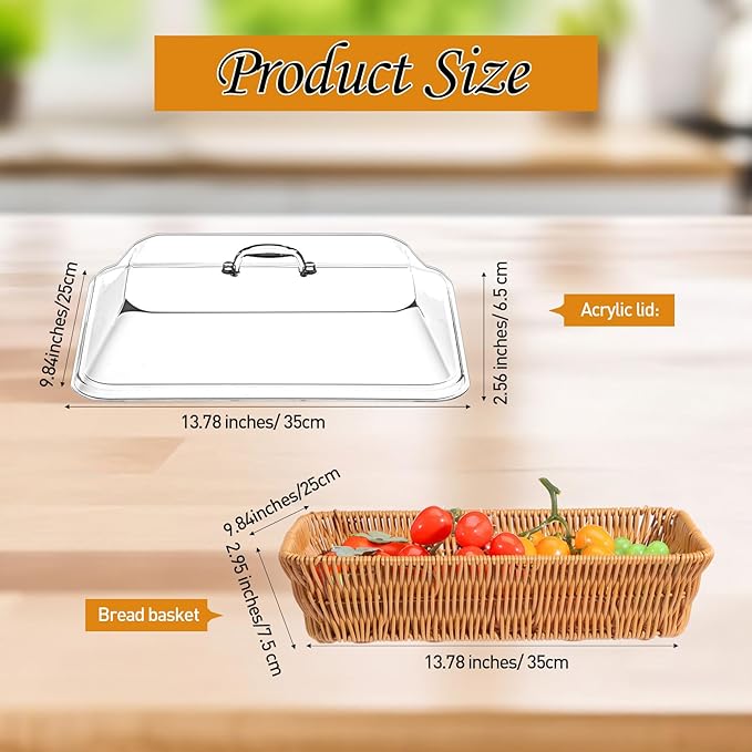 2 Set Wicker Bread Basket for Serving with Acrylic Lid Imitation Rattan Bread Basket Woven Rectangular with Cover for Fruit Food Display Party Easter Picnic(13.78" X 9.84")