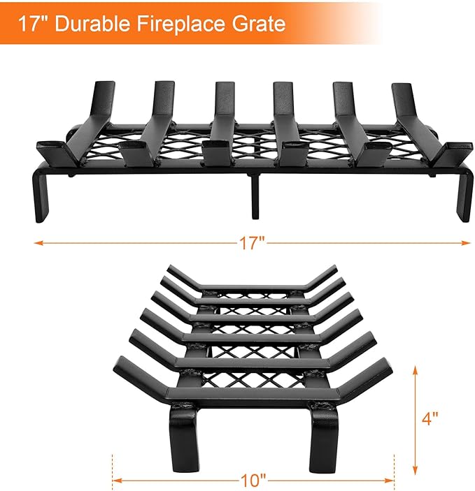 17" Fireplace Grate with Ember Retainer, Wood Stove Grate Rack, Heavy Duty Solid Steel 6-Bars Firewood Holder, Non-Assembly Fire Grate for Indoor Hearth Outdoor Firepit - Matt Black