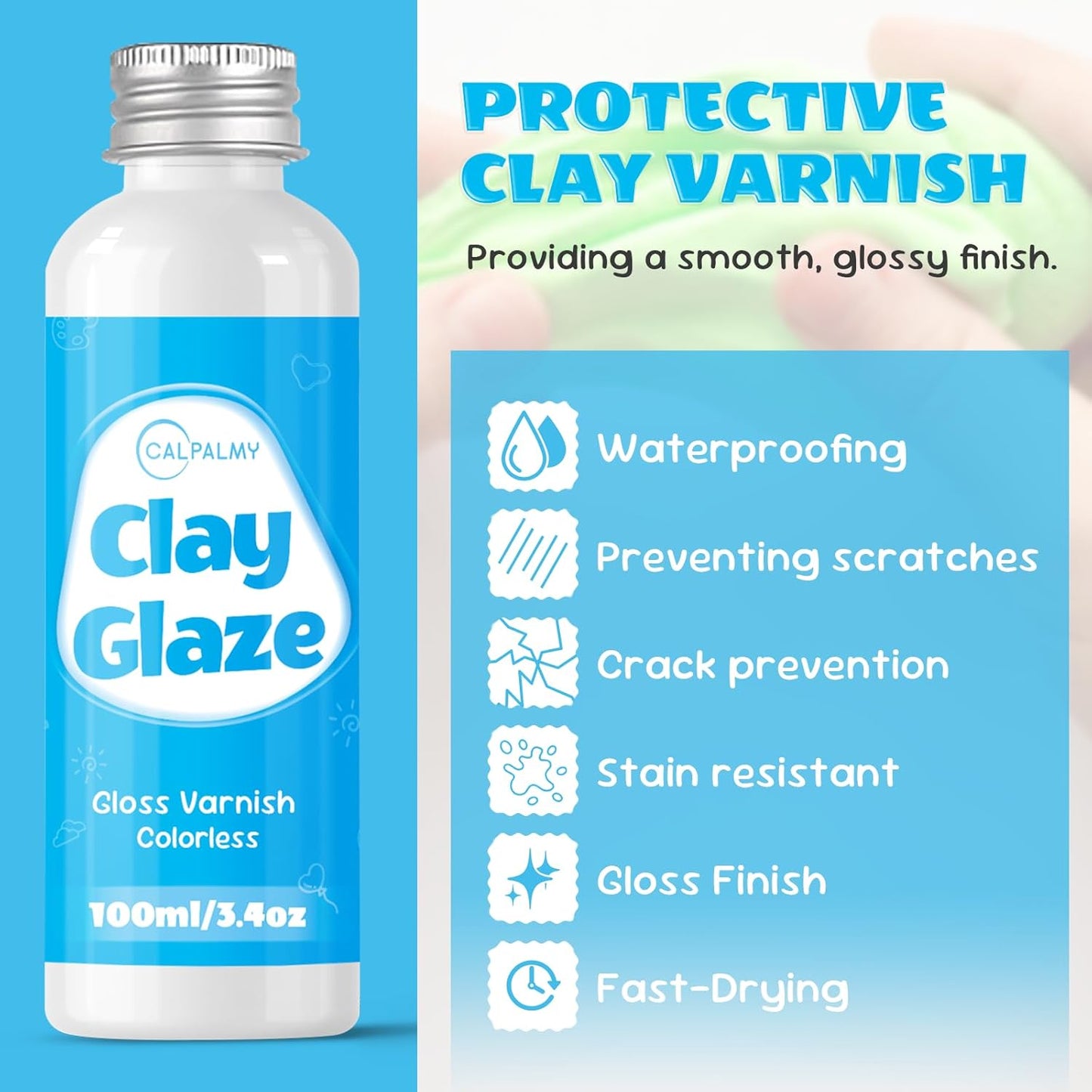 CALPALMY (2-Pack) 100ml Gloss Glaze Varnish Kit for Air Dry Clay Sealer, Waterproof, Gloss Finish - Prevent Cracking and Scratches for Clay, Pottery, Ceramics, Acrylic Paint