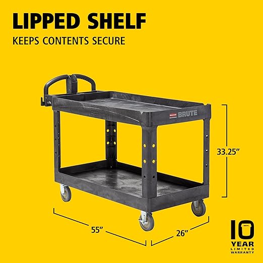 Rubbermaid Commercial Products BRUTE Heavy Duty 2-Shelf Utility/Service Cart, Medium, Lipped Shelves, Ergonomic Handle, 750 lb Capacity, Black, for Warehouse/Garage/Cleaning/Office