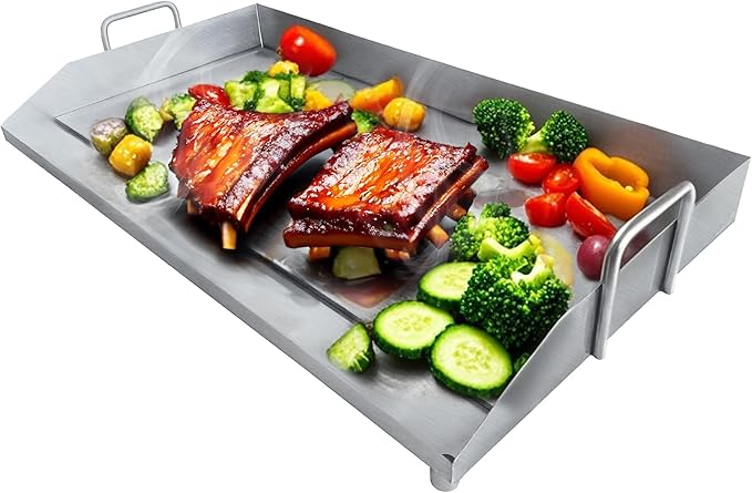 Vivicreate Stainless Steel Outdoor Griddle for Gas & Charcoal Grills, 38 lbs Flat Top Grill Plate with Grease Groove & Handles, Extra-Large BBQ Insert for Garden, Patio & Camping 31”x17”