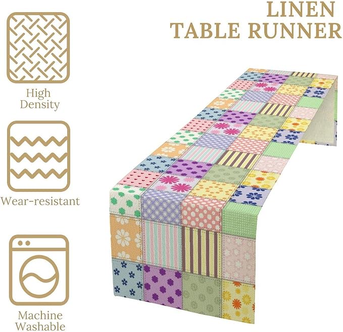 Patchwork Table Runner, Vintage Colorful Floral Plaid Tablecloth Table Runner for Indoors Outdoor Dining Kitchen Home Party 13x60in