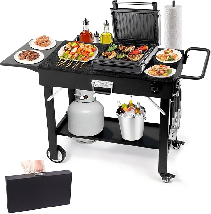 Foldable Grill Cart for Blackstone Griddle, Portable Outdoor Griddle Stand for 17" & 22" Blackstone, Ninja Woodfire & Pizza Oven, Mobile BBQ Prep Table with Side Shelf & Storage