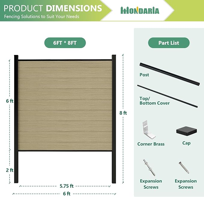 Mondaria Fence Privacy Screen with 8ft In-ground Posts, 6ft(H) x12ft(W) Wood Plastic Composite Fence Panels Weather-Resistant Outdoor Fence for Backyard/Garden (Ancient Wood, 3 Posts)