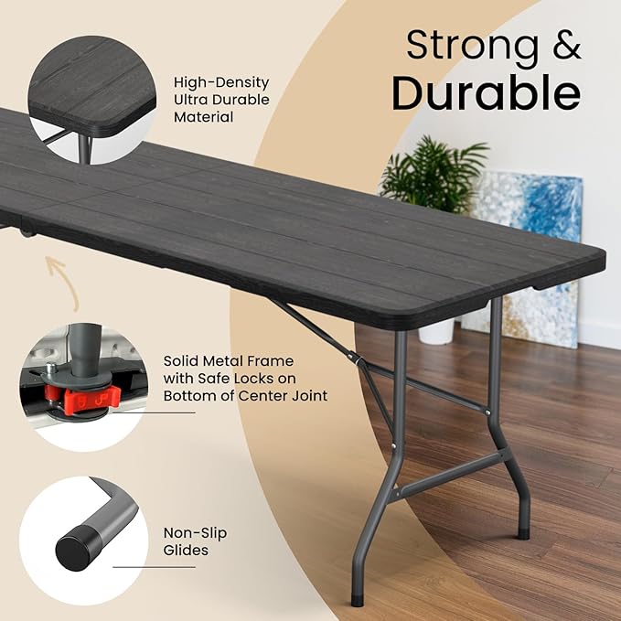 8 Feet Foldable Table with Built in Handle & Steel Legs | Heavy Duty Portable | Perfect for Party, Dining, Wedding, Events, Picnic Indoor, Outdoor, Camping, Utility, Temporary