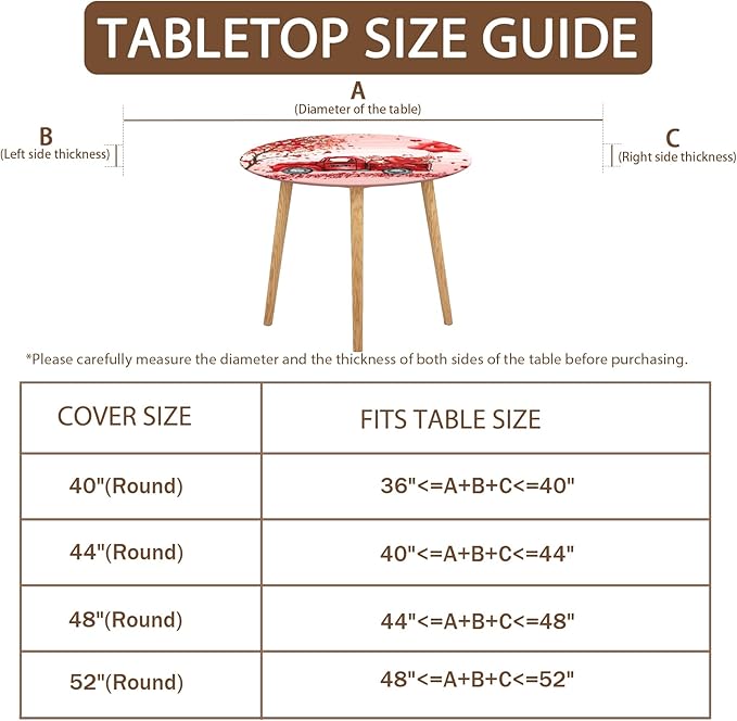 Valentines Day Round Fitted Tablecloth with Elastic Pink Red Heart Circle Table Cloth for 36-40" Round Tables Wipeable Waterproof Washable Gnome Truck Valentine Table Cover for Dining Picnic Party