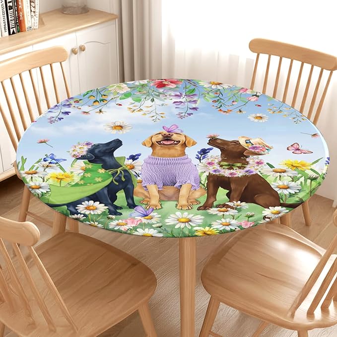 Spring Dogs Round Fitted Tablecloth with Elastic Colorful Floral Farmhouse Easter Circle Table Cloth for 36-40" Tables Wipeable Waterproof Outdoor Wildflowers Puppy Table Cover for Party Picnic Dining