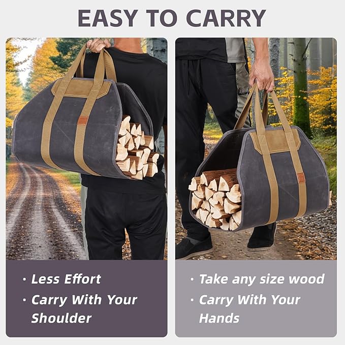 1MORE Firewood Carrier - Wood Carrier for Firewood,Log Carrier for Firewood Tote Bag, 40"X19" Canvas Firewood Carrier, Water Resistant Log Tote Wood Carrying Bag With Handles,Fireplace Tools. Grey