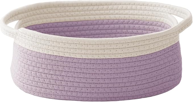 Woven Basket,Small Rope Storage Bin with Handles & Ribbon Bag, Organizer for Shelves Closets,Gift Basket Empty for Birthday,Books,Dog Toys, White&Purple