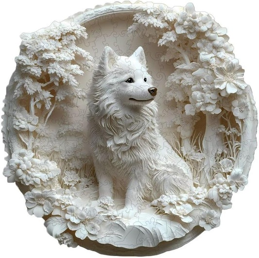 Wooden Puzzles Adults, 3D Paper Samoyed Dog Wooden Puzzles 100 Pieces, Unique Animal Shaped Wood Challenging Jigsaw Puzzles Gifts for Adults, 8.5x8.3in