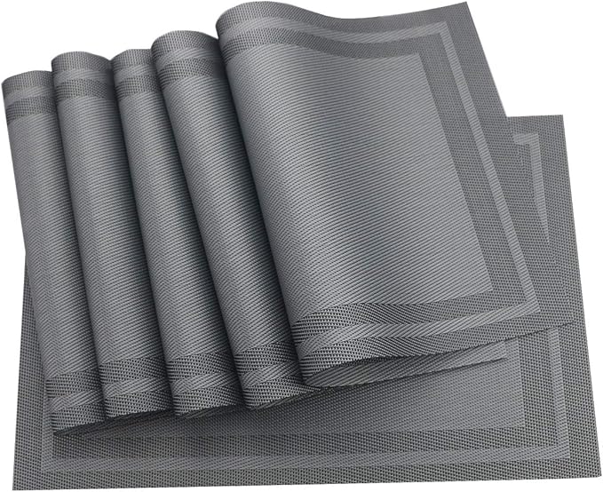 Gugrida Placemats Set of 6 Plaid Checkered Silver Grey PVC Placemat for Dining Table Durable Woven Vinyl Stain tablemats 18"X12"