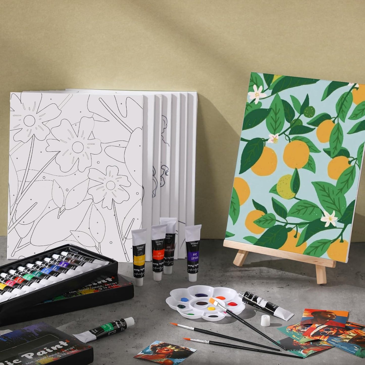 Cholemy 36 Pcs Paint and Sip Kit for Adults 8''x10'' Pre Drawn Canvas for Painting DIY Afro Acrylic Painting Kit Wood Easel Brushes Date Night Bulk for Christmas Party Gifts(Flowering)