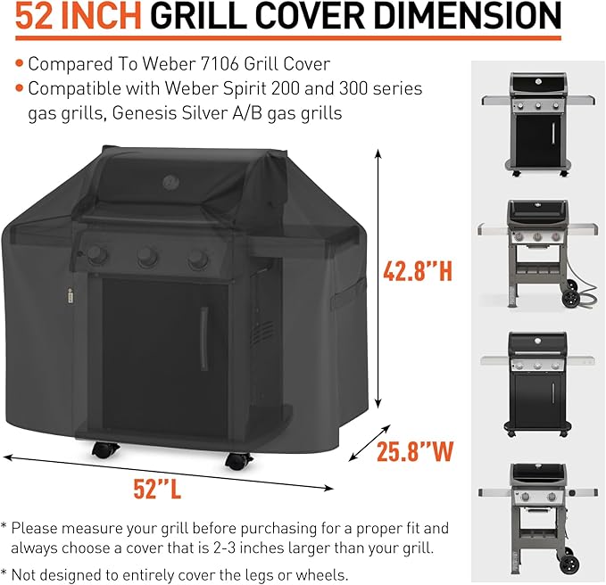 Arcedo Grill Cover 52 Inch Compatible with Weber Spirit 200 and 300 Series, Genesis Silver A/B Gas Grill, Waterproof Heavy Duty Outdoor Fade Resistant BBQ Cover for E310, Compared to 7106