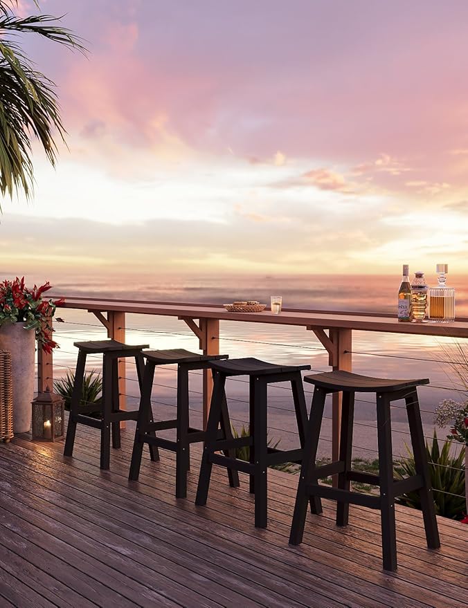 Weatherproof Bar Stools Set of 2, 28" Height Outdoor Bar Stools Holds up to 400 lbs, Saddle Seat, Bar Height Stools for Patio, Garden, and Kitchen Island, Black