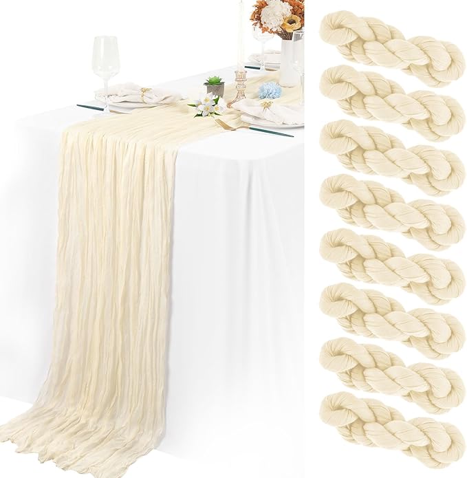 8 Packs Cheesecloth Table Runner 10FT Long Boho Gauze Fabric Table Runner Vintage Rustic Sheer Runners for Wedding Party Bridal Baby Shower Table Decorations (Ivory )