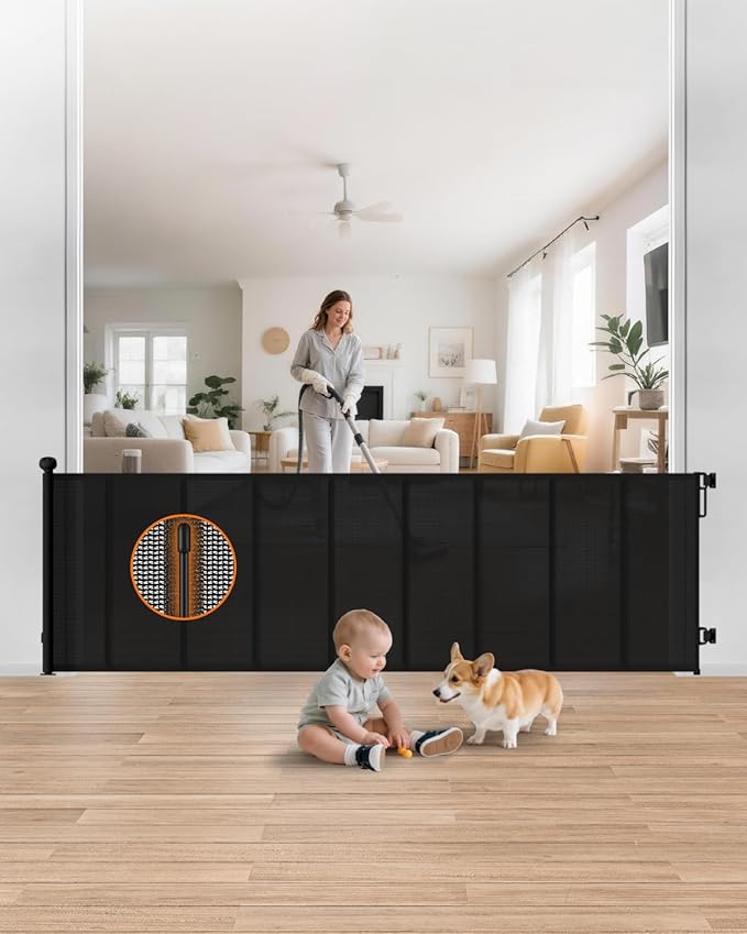 Reinforced Retractable Baby Gate, 100" Wide Child Safety Gate with 8 Support Rods, 34" Tall Scratch-Resistant Mesh Dog Gate for Staircase, Garage, Garden, Outdoor, Black