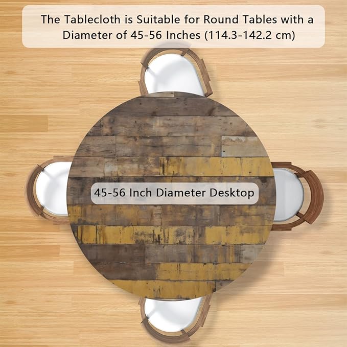 Brown Wooden Planks Retro Round Table Cloth Cover, Elastic Edge Waterproof Wipeable Tablecloths 45"-56" Polyester Tablecloth for Party Restaurant Banquet Holiday Camping Outdoor Picnic