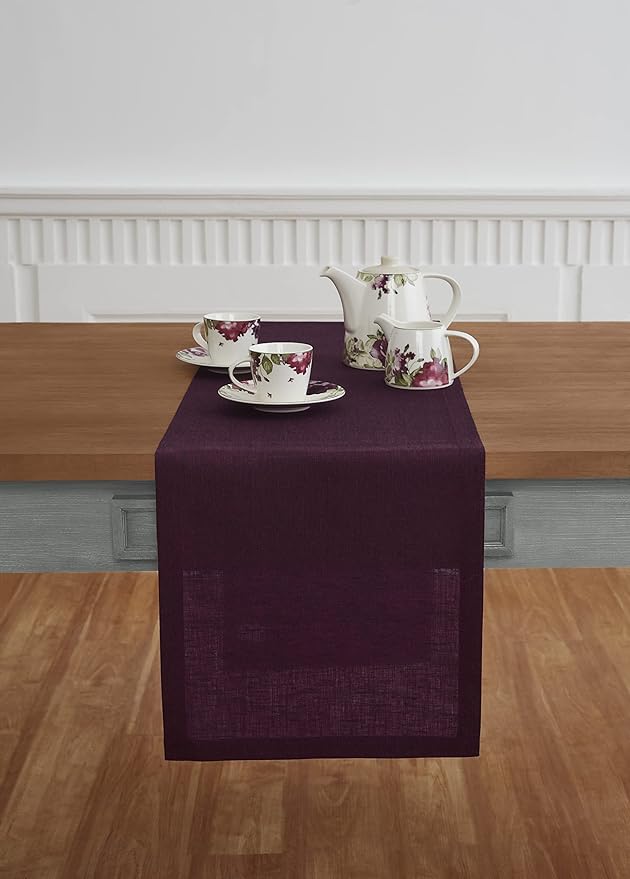 Solino Home Linen Chambray Burgundy Table Runner 144 Inches Long - Athena, 100% Pure Linen 14 x 144 Inch Table Runner for Valentines