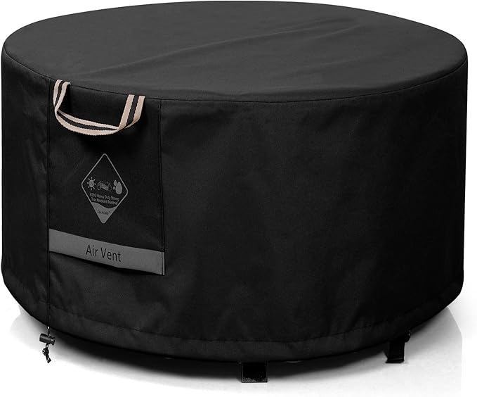 QH.HOME Fire Pit Cover Round, 100% Waterproof, 600D Strong Tear Resistant, Outdoor Firepit Covers Round Fits 33",34 inch ,35 inch,36 inch Fire Pit Cover, 36” Dia X 20”H -Black .