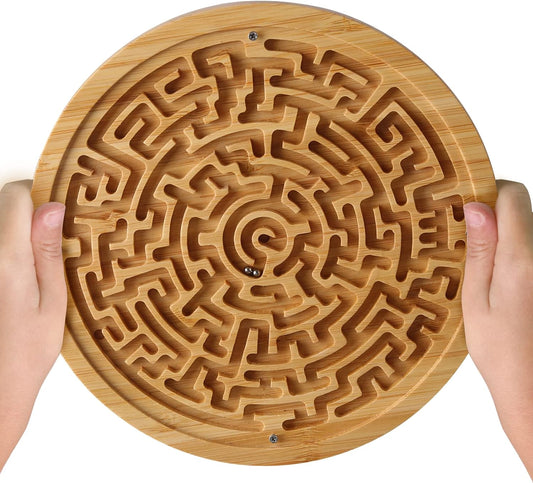 Round Wooden Labyrinth Board Game - Marble Maze for Education and Fun, Toddler Activity Board, Brain Teaser Puzzle Logic Game with Two Metal Balls for Kids, Adults, Teens, Boys, and Girls