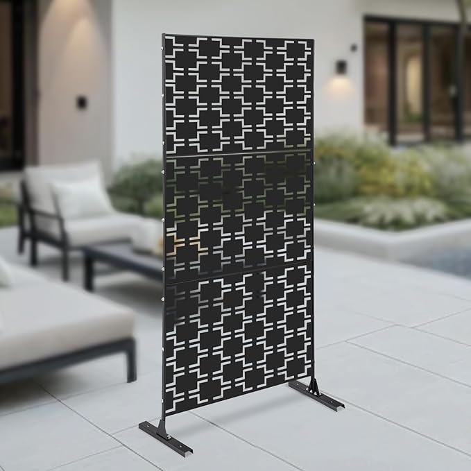 Outdoor Metal Privacy Screen with Stand, 35.4" W x 75" H Freestanding Metal Slatted Decorative Privacy Screen and Panels for Patio Garden Balcony Porch (Black Rectangular)
