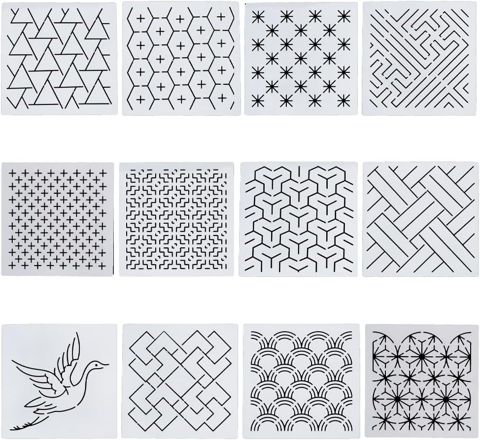 FREEBLOSS Embroidery Stencils - Geometric Sashiko Patterns - Acrylic 14x14cm