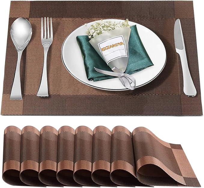 Placemats Set of 8,Washable,Heat and Stain Resistant Indoor/Outdoor Place mats,Vinyl Woven Non Slip Table Mats for Restaurant Table Protection,PVC Placemats(Brown,8PCS)