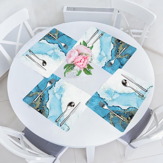Marble Placemats Set of 4 - Faux Leather Heat Resistant Placemats for Dinner Table, Non-Slip Waterproof Oil-Proof Washable Reusable Placemat for Indoor Outdoor Kitchen Decor, 15.75In*11.81In