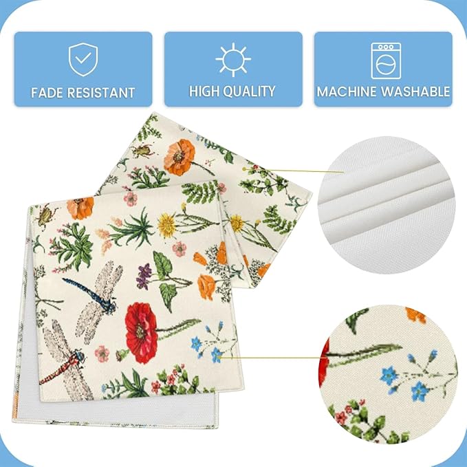 Flowers Dragonflies Table Runner Kitchen Dining Table Runner 13*90in Table Center Decor for Indoor Outdoor Home Holiday Party