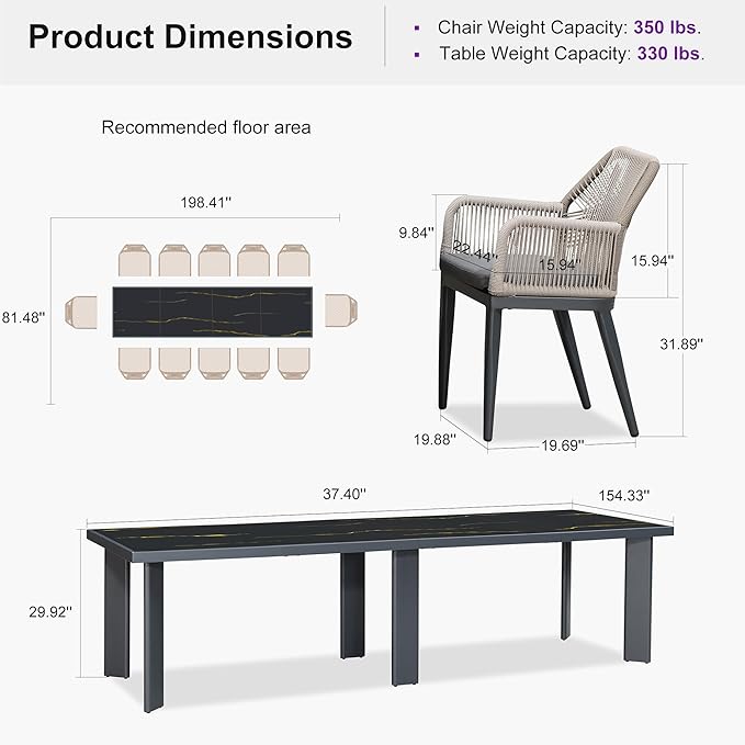 PURPLE LEAF 13 Pieces Patio Dining Set Aluminum Modern Rectangular Table and Rattan Arm Chairs with Cushions for Kitchen Porch Garden Outdoor Furniture Sets, Dark Grey