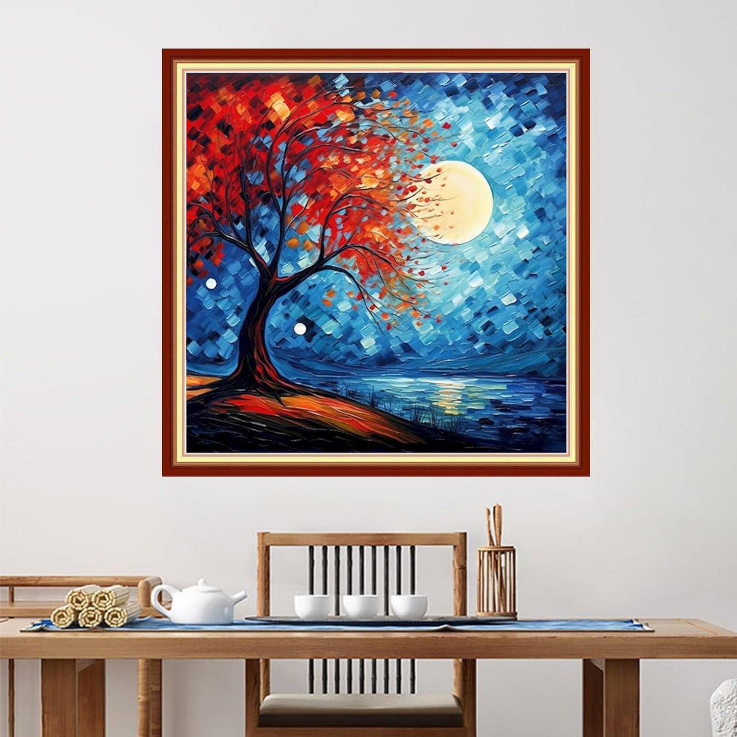 Foxdiviy Stamped Cross Stitch Kits for Beginners Full Range of Cross Stitching 11 CT Printed Cross Stitch Kits for Kids Adults Cross Stitch Patterns Needlepoint Kits-Colorful Trees Moon 18x18 inch