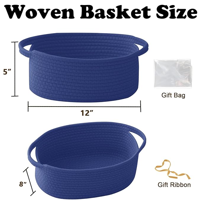 Gift Basket with Gift Bag and Ribbons,Small Rope Woven Shelf Storage,Baskets for Gifts Empty,Birthday,Baby Shower,Decorative Organizer Box with Handles(Royal Blue)