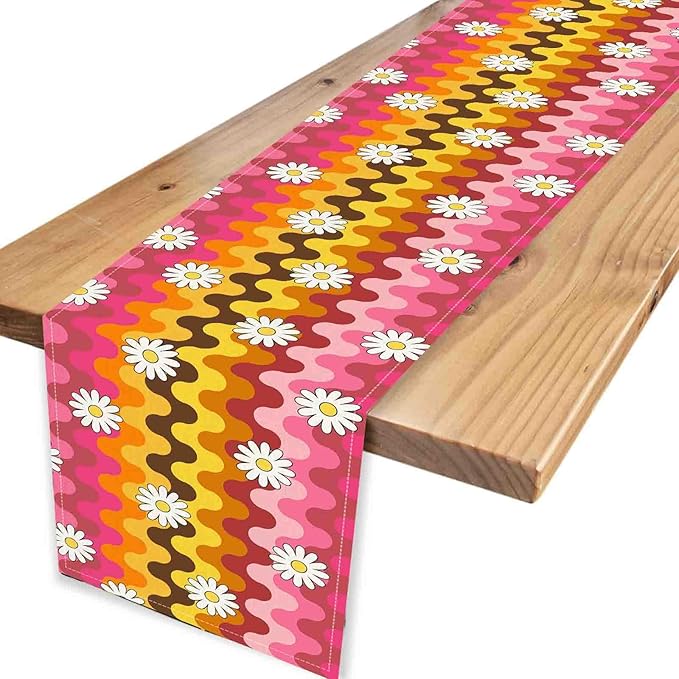 70s Table Runner, Retro Groovy Hippie Daisy Floral Pink Yellow Wave Funky Trippy Coffee Table Center Decor for Home Kitchen Dining Patio Holiday Party Indoor Outdoor Table Decorations, 13"x36" Inch