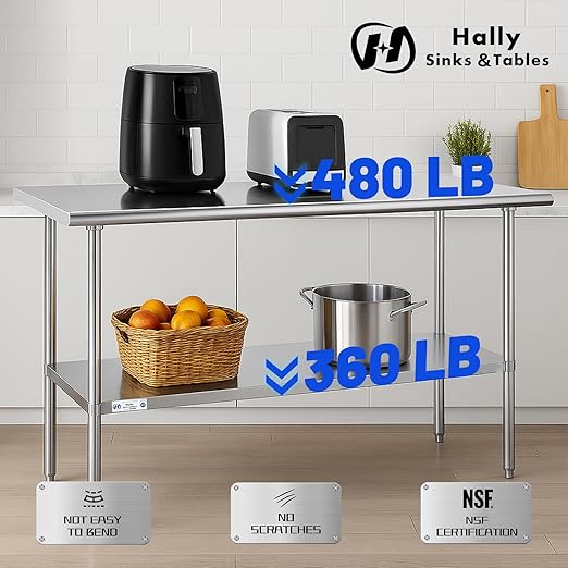 Hally Stainless Steel Table for Prep & Work 24 x 60 Inches, NSF Commercial Heavy Duty Table with Undershelf and Galvanized Legs for Restaurant, Home and Hotel