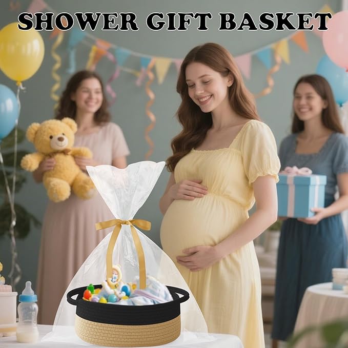 Gift Basket with Gift Bag and Ribbons,Small Rope Woven Shelf Storage,Baskets for Gifts Empty,Birthday,Baby Shower,Decorative Organizer Box with Handles(Black&Jute)