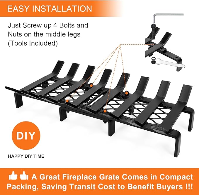 20" Fireplace Grate with Ember Retainer, Wood Stove Grate Rack, Heavy Duty Solid Steel 8-Bars Firewood Holder, Easy-Assembly Fire Grate for Indoor Hearth Outdoor Firepit - Matt Black