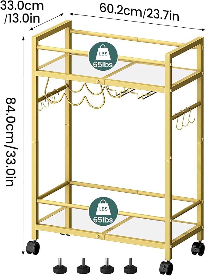 Bar Cart, Serving Cart for Home, Microwave Cart, Drink Cart, Wine Cart with 2 Mirrored Shelves, Wine Holders, Glass Holders, for Kitchen, Dining Room(Gold)
