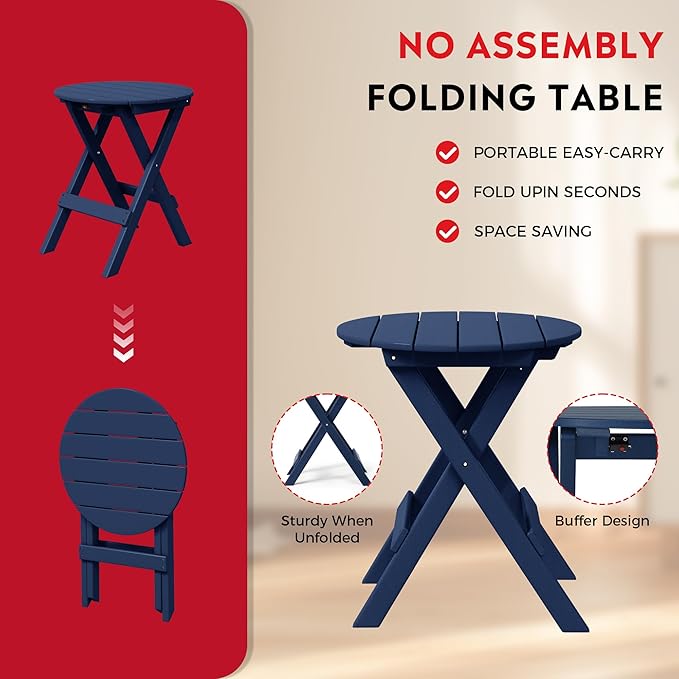 Costaelm Paradise HDPE Outdoor 24.5 Inch Round Portable Folding Patio Dining Table, Navy Blue