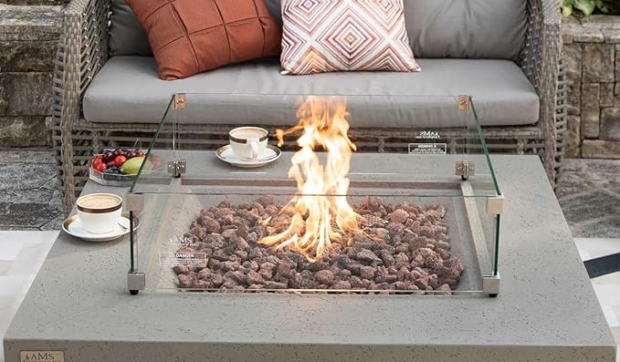 AMS Fireplace | Rectangular Fire Pit Glass Wind Guard for Brooklyn Fire Pit (Light Gray) | Shielded from Patio Heater Flames | Tempered Glass with Polished Edges for Safety | Fire Table Glass Shield