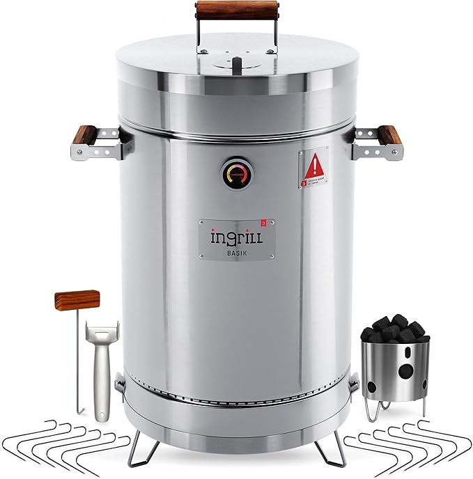 3-in-1 Stainless Steel Smoker Barrel Grill – Portable Charcoal BBQ with Thermometer, 25 lbs Outdoor Cooking Smoker for Camping, Backyard & Home BBQ INGRILL
