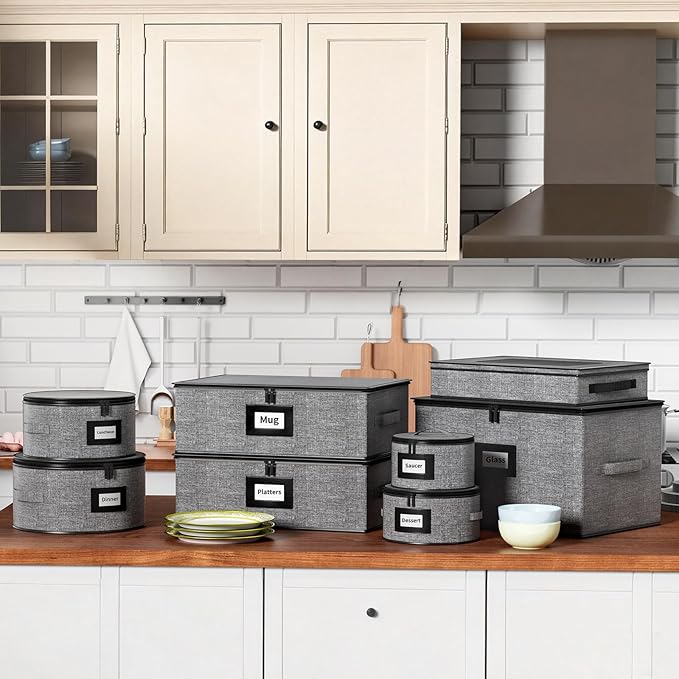 Aokeyee China Storage Containers Hard Shell 8 Piece, Mug, Wine Glass, Utensils, Plate Storage Containers w/Lid, Soft Dividers Felt Pads, Handles, Stackable Storage Organizer for Moving, Party, Grey