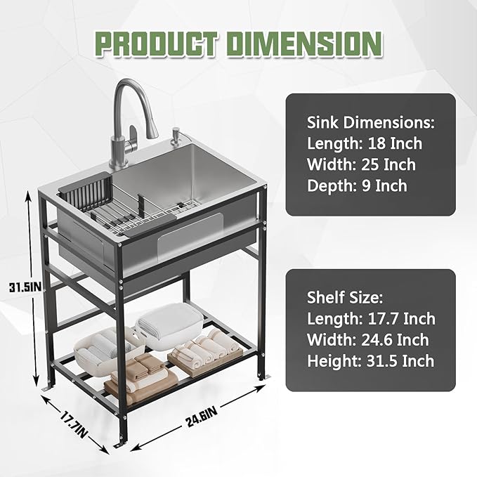 Utility Sink, 25x18 Inch Stainless Steel Freestanding Laundry Sink Practicality With Accessories-Kitchen Faucet,Soap Dispenser, SS Sink Grid, Colander For Laundry,Garage,Outdoor Kitchen,Garden...