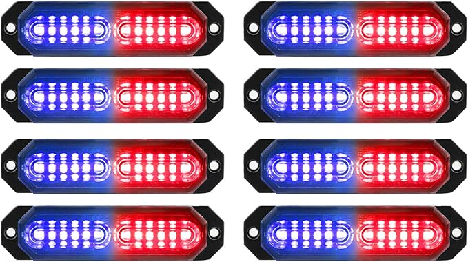 ASPL 8pcs Sync Feature Ultra Slim 12-LED Surface Mount Flashing Strobe Lights for Truck Car Vehicle LED Mini Grille Light Head Emergency Beacon Hazard Warning Lights (Red/Blue)
