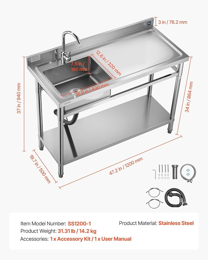 VEVOR Stainless Steel Utility Sink, Free Standing Single Bowl Commercial Kitchen Sink with Faucet, Utility Right Basin Workbench with Hot & Cold Water Pipe for Garage Restaurant Laundry, 47x19.7x37 in