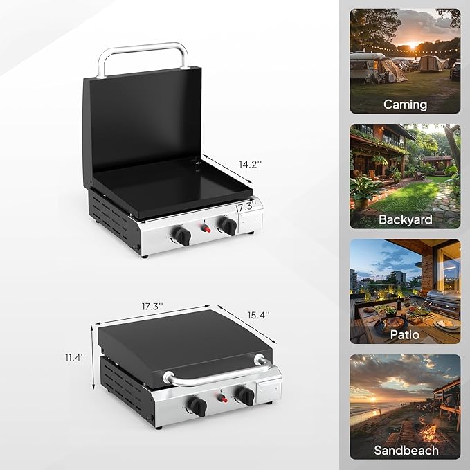 Bonnlo 2 Burner Portable Propane Griddle with Lid, 20000BTU Tabletop Flat Gas Grill with Ignition and Oil Collector, Camping Griddle for Outdoor Cooking Patio Backyard Sandbeach BBQ Party