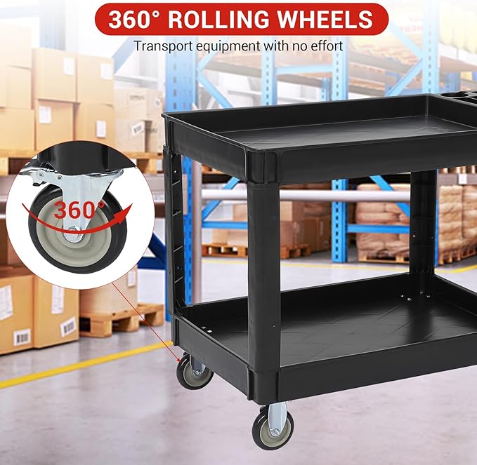 Service Cart 2-Shelf, Storage Handle, 500 lbs Capacity, for Warehouse/Garage/Cleaning/Manufacturing，45"X25" Black